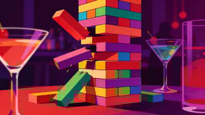 Close-up of a colorful Jenga tower with blocks pulled out at dramatic angles in warm moody purple and red party lighting