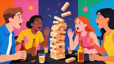 Young adults playing Jenga with drinks, a wobbly tower about to fall while everyone holds their breath with shot glasses on the table