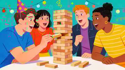 Friends gathered around a Jenga tower at a party, one person carefully pulling out a block while others watch tensely
