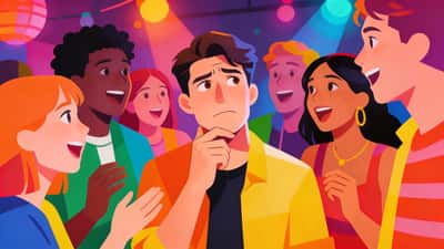 Amis à une fête jouant à action ou vérité, une personne au centre réfléchissant tandis que les autres observent