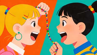 Deux amis connectés par un fil coloré, faisant des grimaces drôles à distance