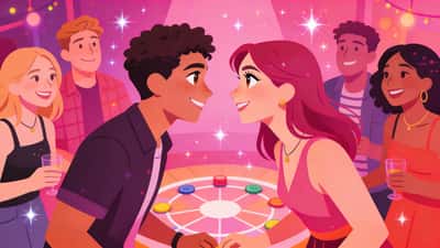 Jeunes adultes à une fête, deux personnes échangeant des regards charmeurs dans le cercle de jeu