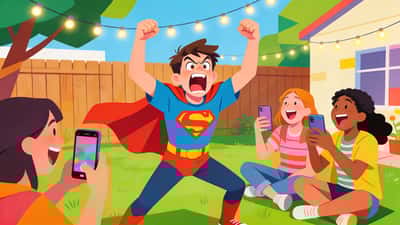 Adolescent faisant un gage amusant tandis que d'autres ados rient dans un jardin