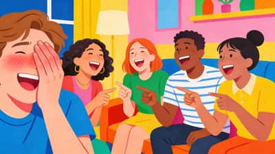 Amis riant aux éclats pendant un jeu, une personne rougissant tandis que les autres rigolent