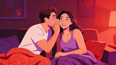 Couple se chuchotant des gages de manière joueuse dans une ambiance romantique