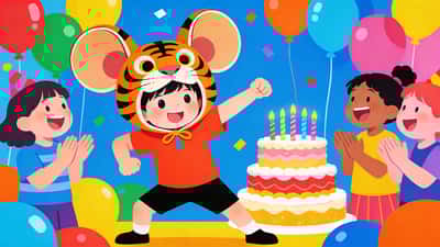 Enfant faisant une imitation drôle d'animal comme gage tandis que les autres enfants applaudissent