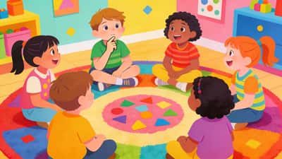 Enfants assis en cercle sur un tapis coloré jouant à un jeu de fête amusant