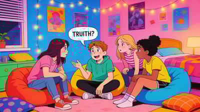 Adolescents sur des poufs, l'un d'eux interrogé ayant l'air nerveux mais souriant