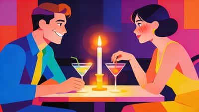 Cuplu stând față în față la o masă luminată cu lumânări cu cocktailuri, o persoană zâmbind viclean în timp ce cealaltă roșește și se întinde după băutură