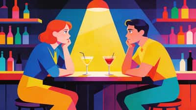 Două persoane stau stânjenit față în față la un bar cu băuturi, ambele par incomode dar intrigate