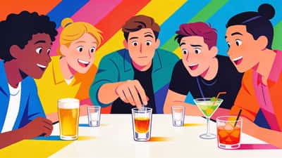 Prieteni stau în jurul unei mese cu pahare de shot, o persoană ezită între a răspunde sau a bea în timp ce ceilalți privesc cu nerăbdare