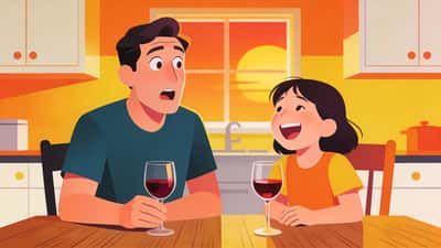 Copil adult și părinte stau la o masă de bucătărie cu pahare de vin, părintele pare amuzat și surprins în timp ce copilul adult râde nervos