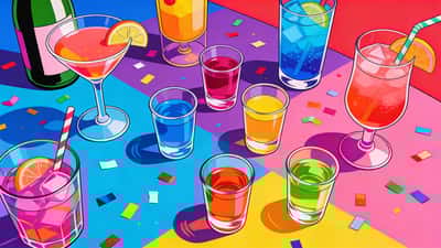 Varietate colorată de băuturi de petrecere și pahare de shot pe o masă vibrantă cu confetti văzute de sus