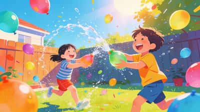 Children having a water balloon fight on a sunny summer day in the backyard