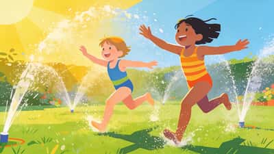 Kids running through garden sprinklers on a hot summer day splashing and jumping