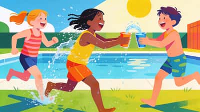 Children playing a water relay race passing water in cups at a backyard pool party