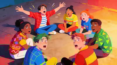 Des amis assis en cercle ayant une discussion animée sur des scénarios hypothétiques, une personne gesticulant sauvagement tandis que les autres écoutent intrigués