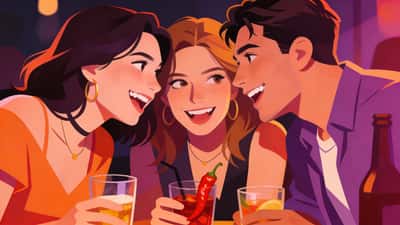 De jeunes adultes lors d'une soirée avec des boissons se penchent avec des sourires malicieux en discutant de scénarios hypothétiques épicés