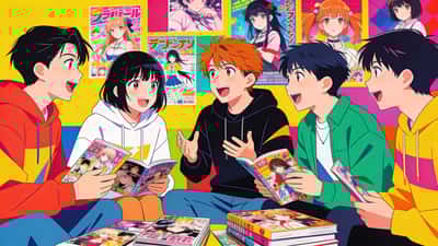 Anime-Fans sitzen zusammen und debattieren aufgeregt über hypothetische Szenarien umgeben von bunten Manga-Büchern und Anime-Postern