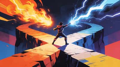 Person steht heldenhaft an einer dramatischen Kreuzung und wählt zwischen zwei epischen Machtpfaden, einer leuchtet mit Feuer und einer mit Blitz