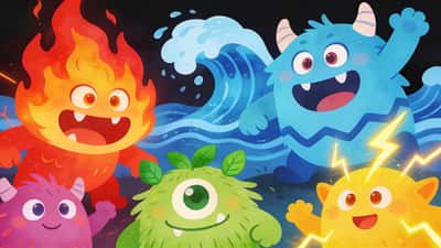 Bunte Sammlung süßer Monsterwesen in einer lebhaften Fantasiewelt mit verschiedenen elementaren Kräften