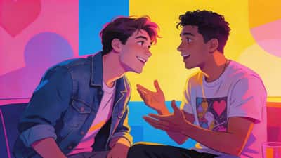 Dua pria di hangout santai, satu memberikan yang lain tatapan menggoda dan bermain-main sambil membahas skenario kencan hipotetis