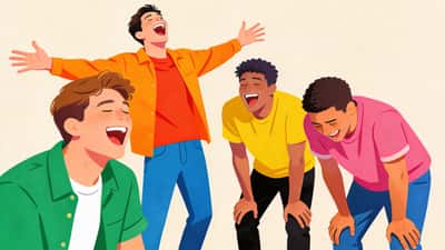 Teman-teman pria tertawa terbahak atas skenario hipotetis yang lucu, satu pria membuat gestur dramatis sementara yang lain terbungkuk tertawa