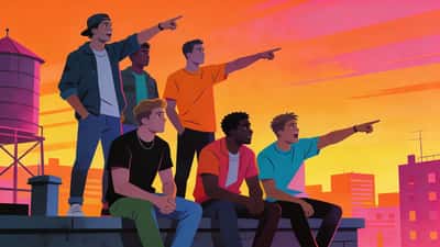 Sekelompok pria nongkrong di atap memperdebatkan pilihan hipotetis yang sulit dengan ekspresi kompetitif dan latar belakang matahari terbenam kota