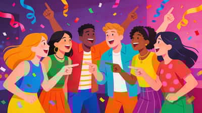 Grupo diverso de amigos numa festa debatendo entusiasmadamente num jogo de escolhas