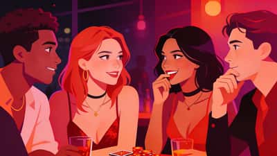 Jovens adultos numa festa noturna jogando um jogo hipotético picante com olhares coquetes