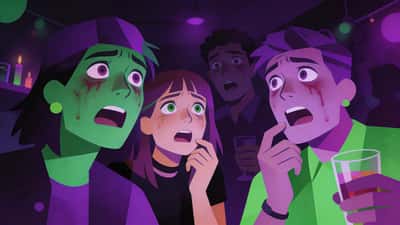 Amigos horrorizados e fascinados contemplando um cenário hipotético perturbador