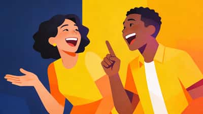 Dois amigos numa festa rindo enquanto debatem uma escolha hipotética ridícula