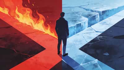 Pessoa numa encruzilhada dramática escolhendo entre dois caminhos muito diferentes