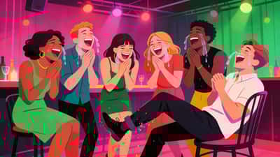 Grupo de amigos dobrando de tanto rir numa festa