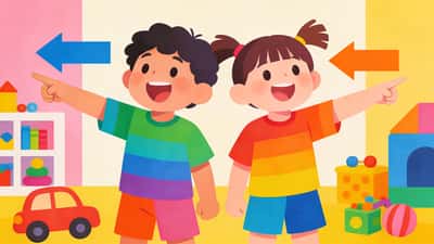 Crianças felizes escolhendo entre duas opções divertidas apontando com entusiasmo