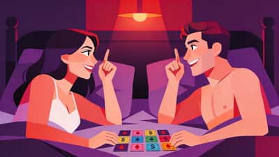 Casal num quarto aconchegante jogando um ousado jogo de escolhas com sorrisos travessos