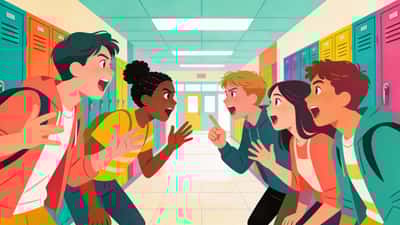 Adolescentes debatendo animadamente uma escolha hipotética difícil com gestos expressivos